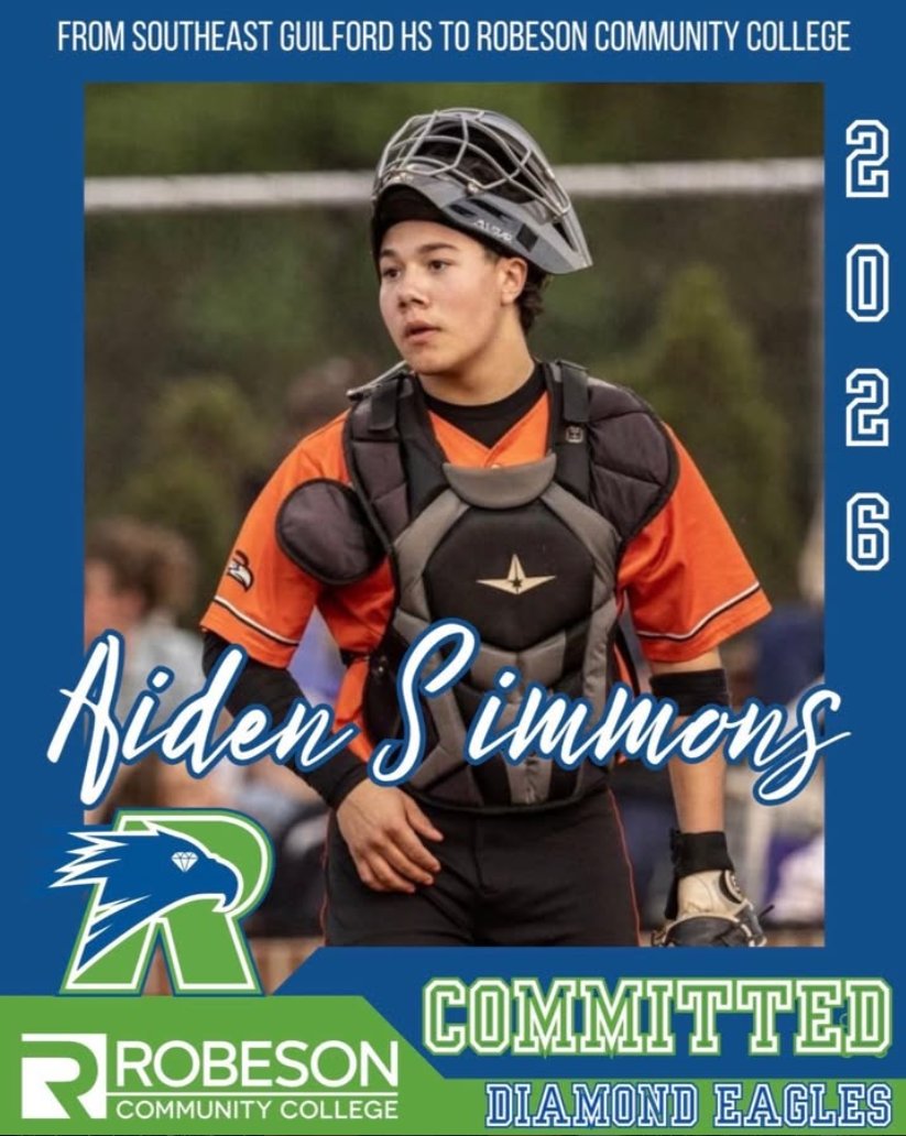 Commitment graphic: Aiden Simmons in catcher's gear — from Southeast Guilford HS to Robeson Community College, Class of 2026