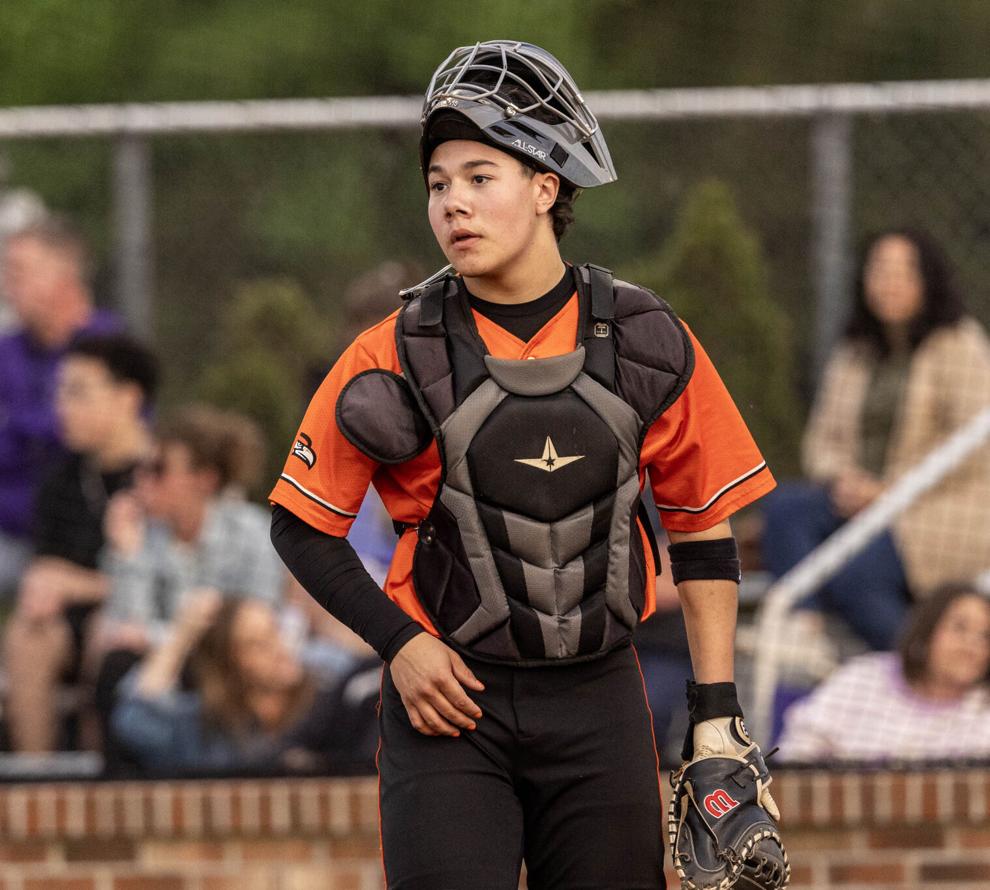 Aiden Simmons in full catcher's gear behind the plate